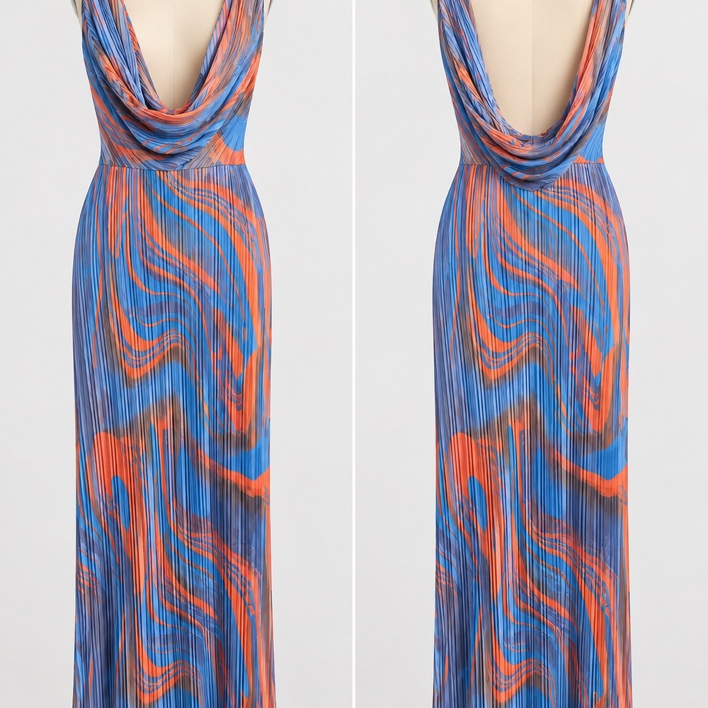 PrettyLittleThing Blue & Orange Backless Cowl-Neck Pleated Maxi Dress